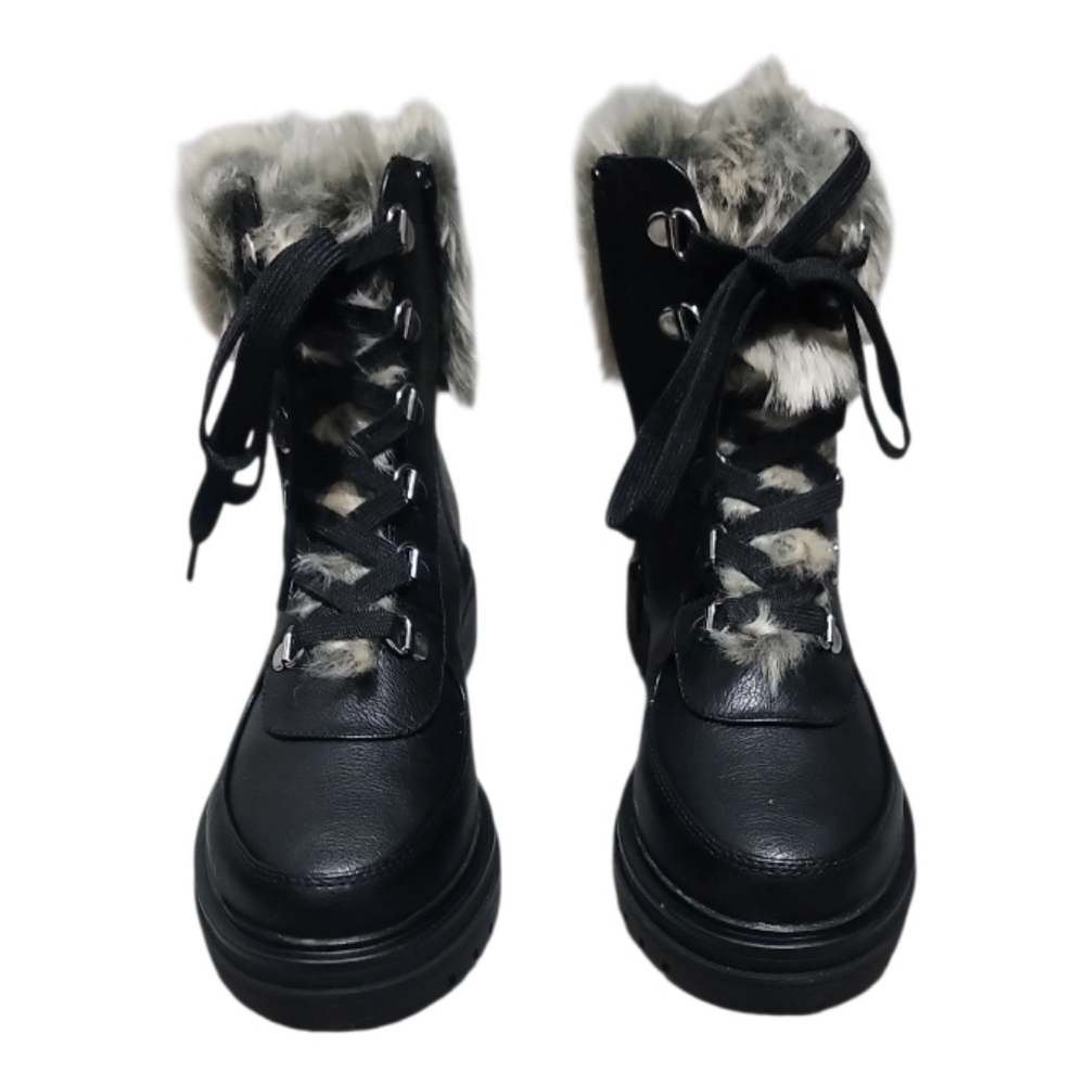 Sun Stone Womens  Black Faux Leather Fur Cuffed Lace-Up Boots Size 6 NWOT